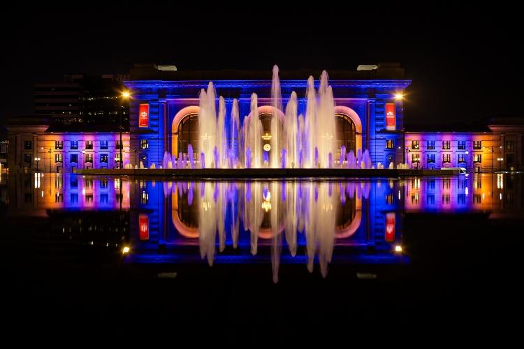 Union Station illuminated blue and gold